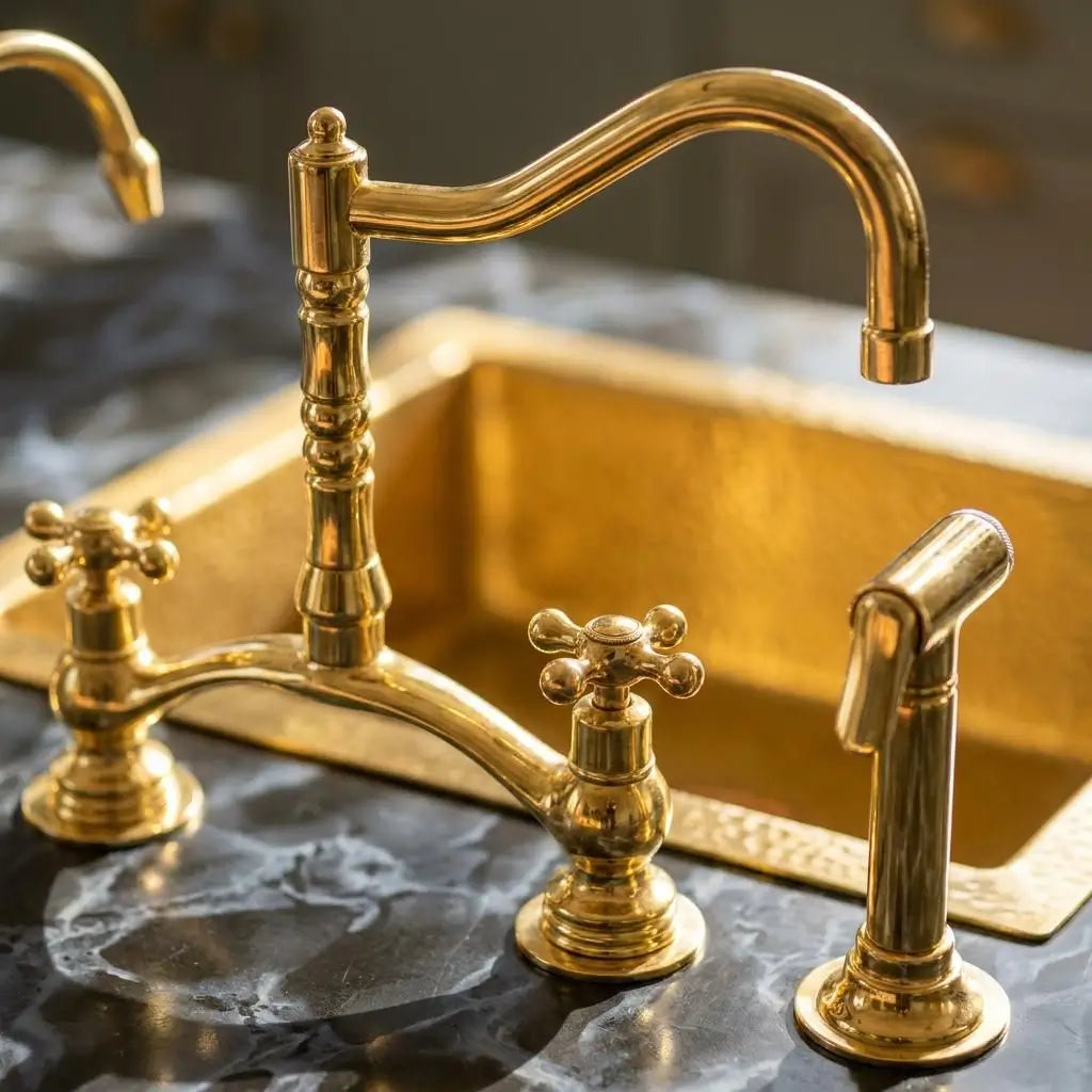 Close up of an unlacquered brass Victorian classic kitchen bridge faucet with a matching side sprayer next to a gold undermount sink on dark marble.