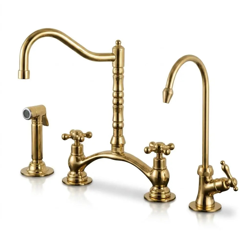 Victorian classic kitchen bridge faucet set in unlacquered brass including the main bridge faucet, cross handles, side sprayer, and a matching cold water dispenser tap against a plain white background.