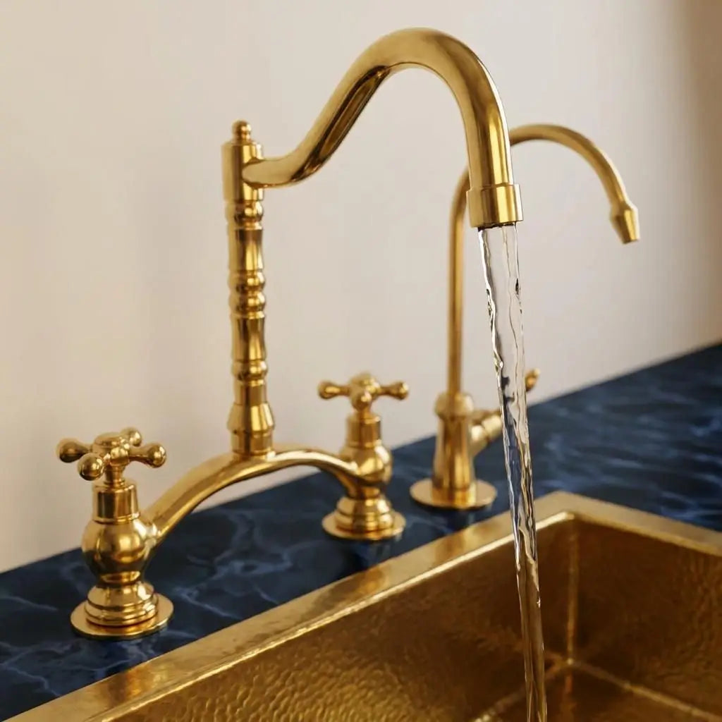 Unlacquered brass Victorian classic kitchen bridge faucet set with water pouring from the matching cold water filter tap into a gold sink
