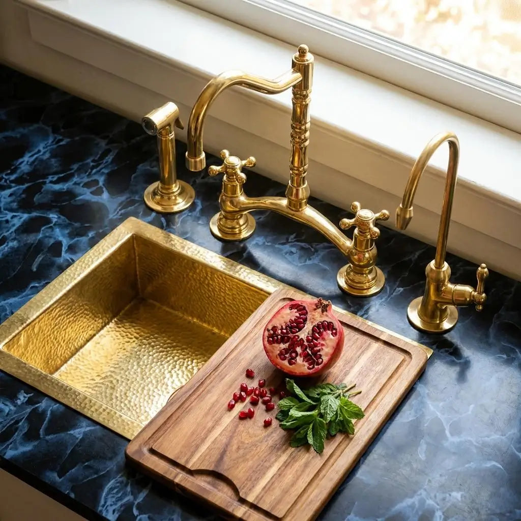 Unlacquered brass Victorian classic kitchen bridge faucet set on a dark marble countertop by a window, featuring a wooden cutting board with a sliced pomegranate.