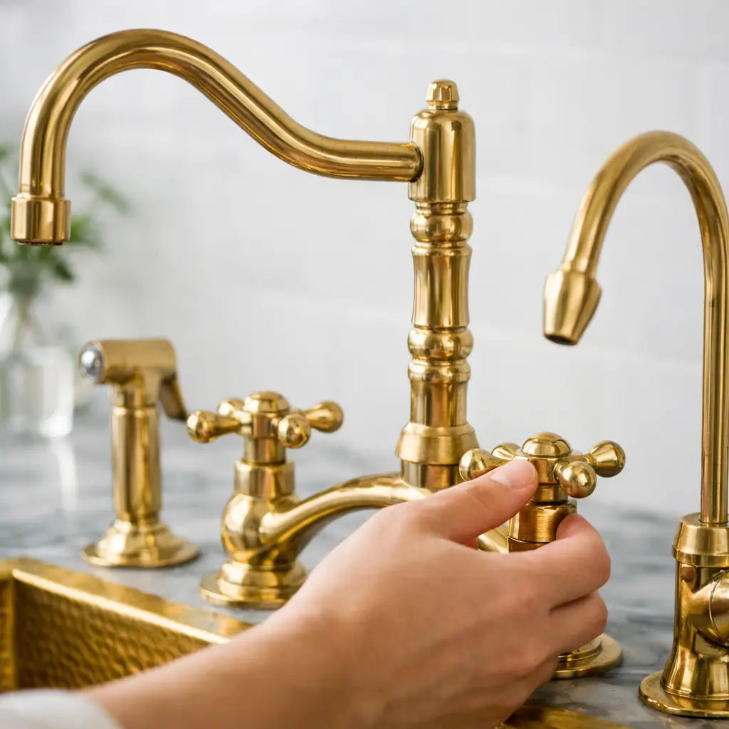 A person's hand turning the cross handle of an unlacquered brass Victorian classic kitchen bridge faucet set, featuring a side sprayer and a cold water filter tap.