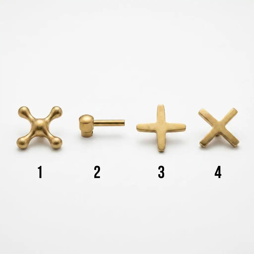 Four different unlacquered brass handle options for the Victorian classic kitchen bridge faucet numbered from 1 to 4 against a plain white background.