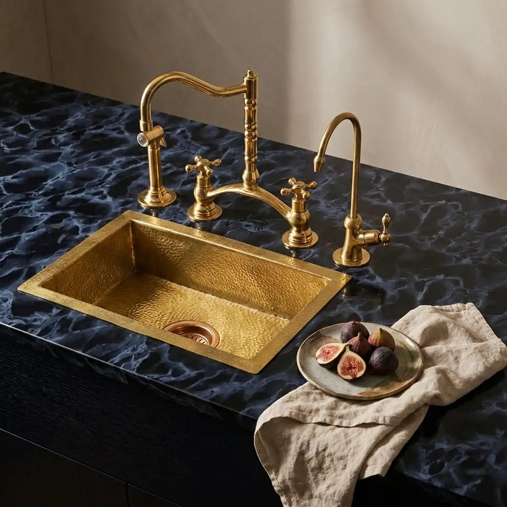 An unlacquered brass Victorian classic kitchen bridge faucet set with a side sprayer and filter tap on a dark marble countertop, featuring a decorative plate of fresh figs.