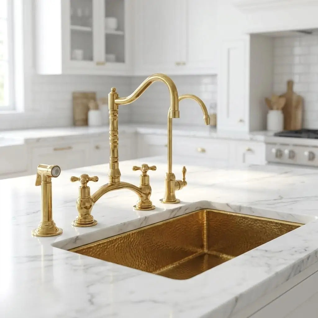 Unlacquered brass Victorian classic kitchen bridge faucet and sprayer set up on a white marble countertop with a gold undermount sink in a modern bright kitchen.
