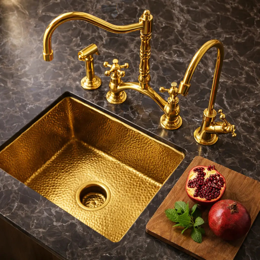 Victorian Classic Kitchen Bridge Faucet in unlacquered brass with a side sprayer, installed on a dark marble countertop with a matching brass sink.