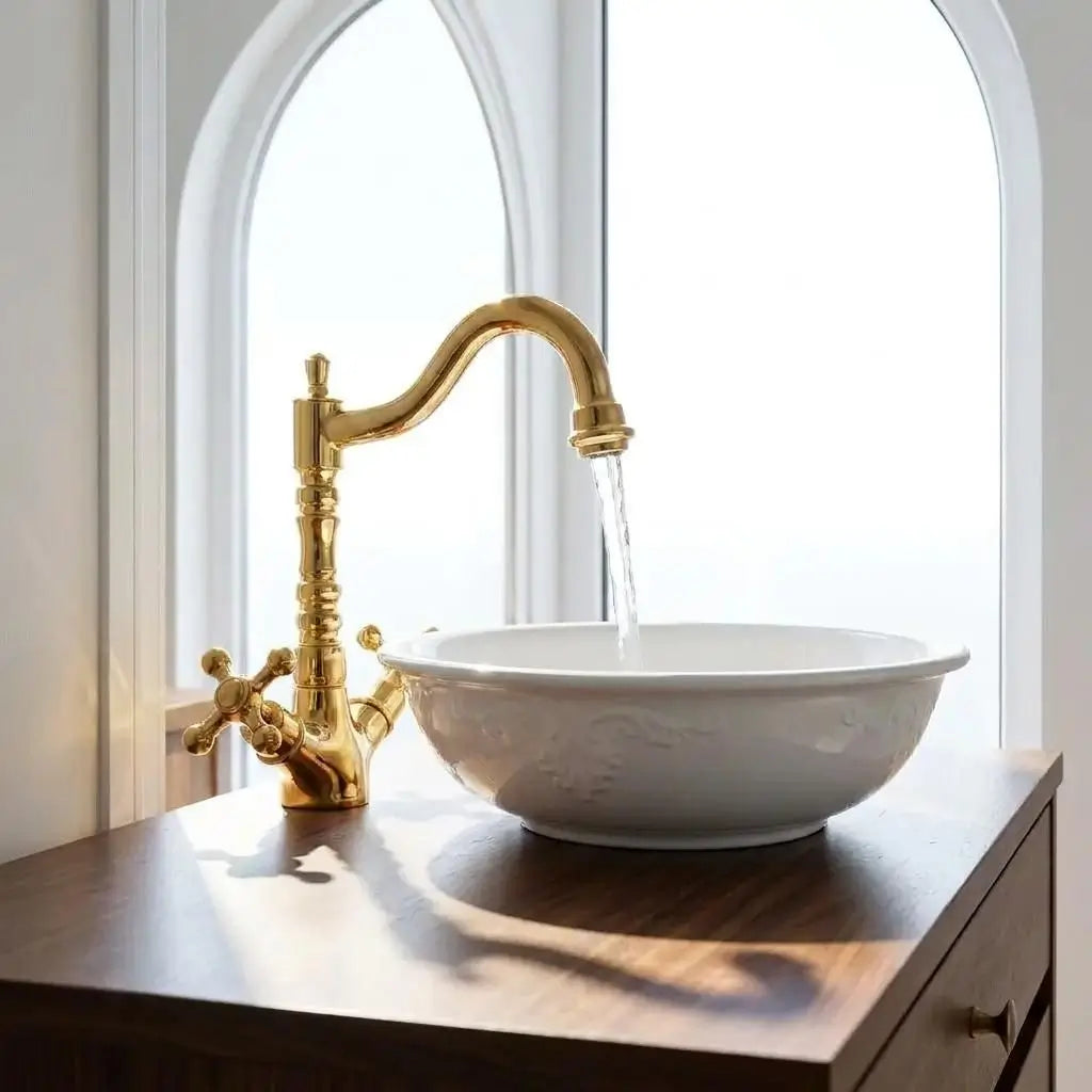 Vintage brass faucet with running water flowing into a round white ceramic sink bowl by an arched window.