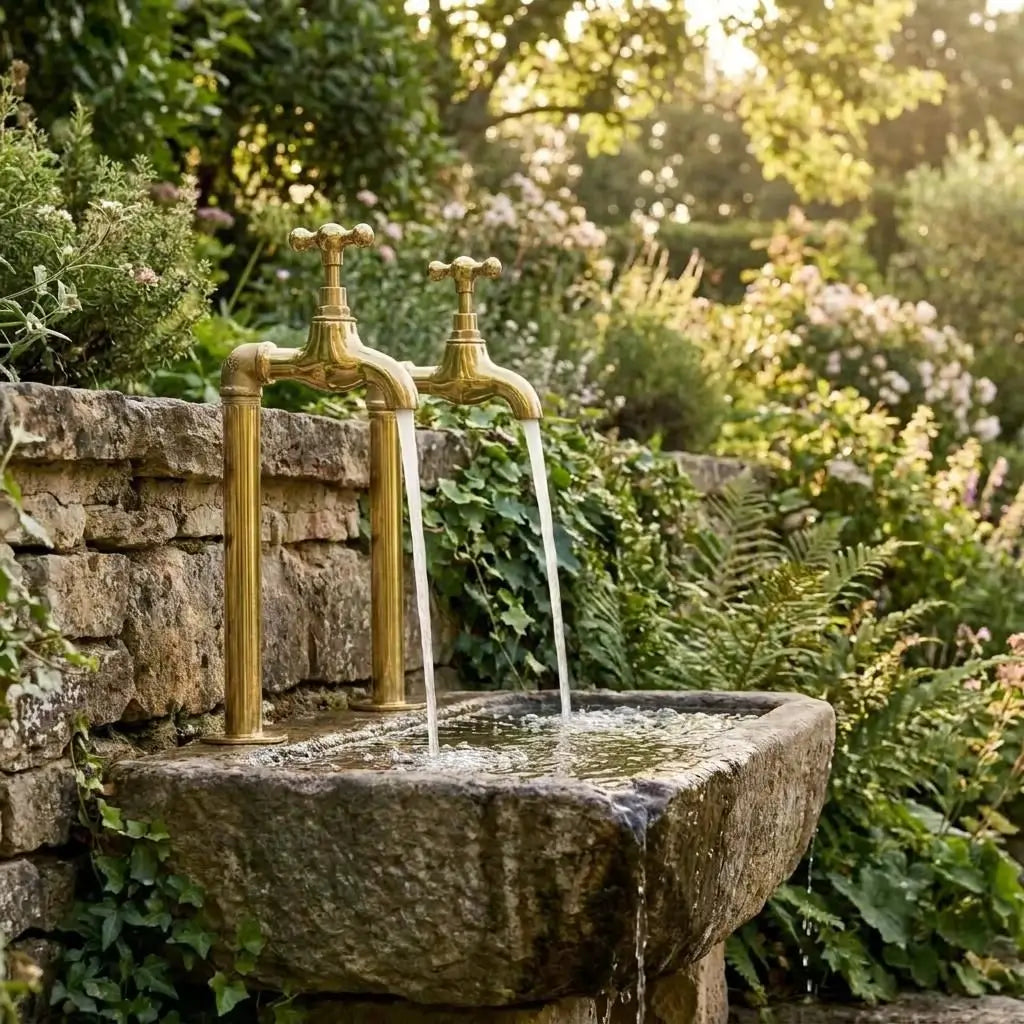 Pair of vintage brass water filter taps flowing water into a rustic carved stone sink against an old stone wall in a lush English garden.