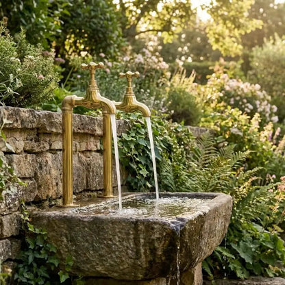 Pair of vintage brass water filter taps flowing water into a rustic carved stone sink against an old stone wall in a lush English garden.