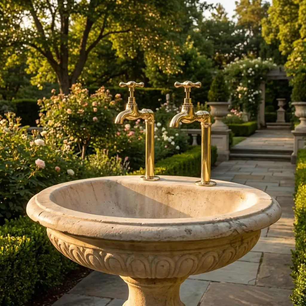 A pair of unlacquered brass water faucets with cross handles mounted on a freestanding carved marble pedestal sink along a paved stone walkway in a formal garden.