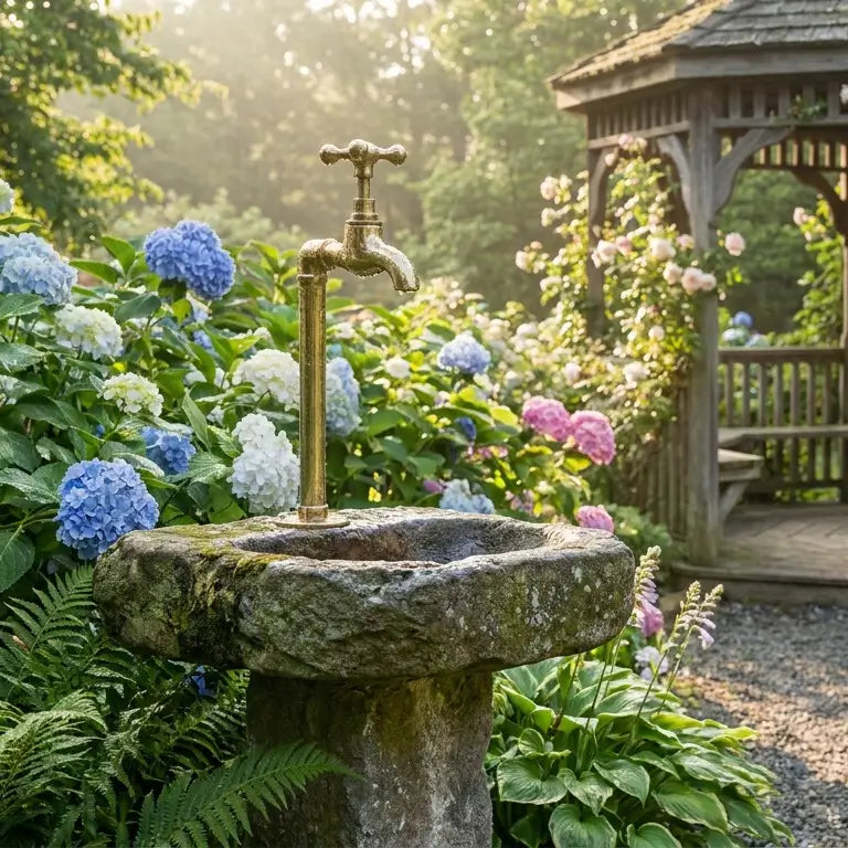 A single vintage unlacquered brass water faucet mounted over a freestanding stone basin sink in a garden filled with blooming blue and pink hydrangea bushes near a wooden gazebo.