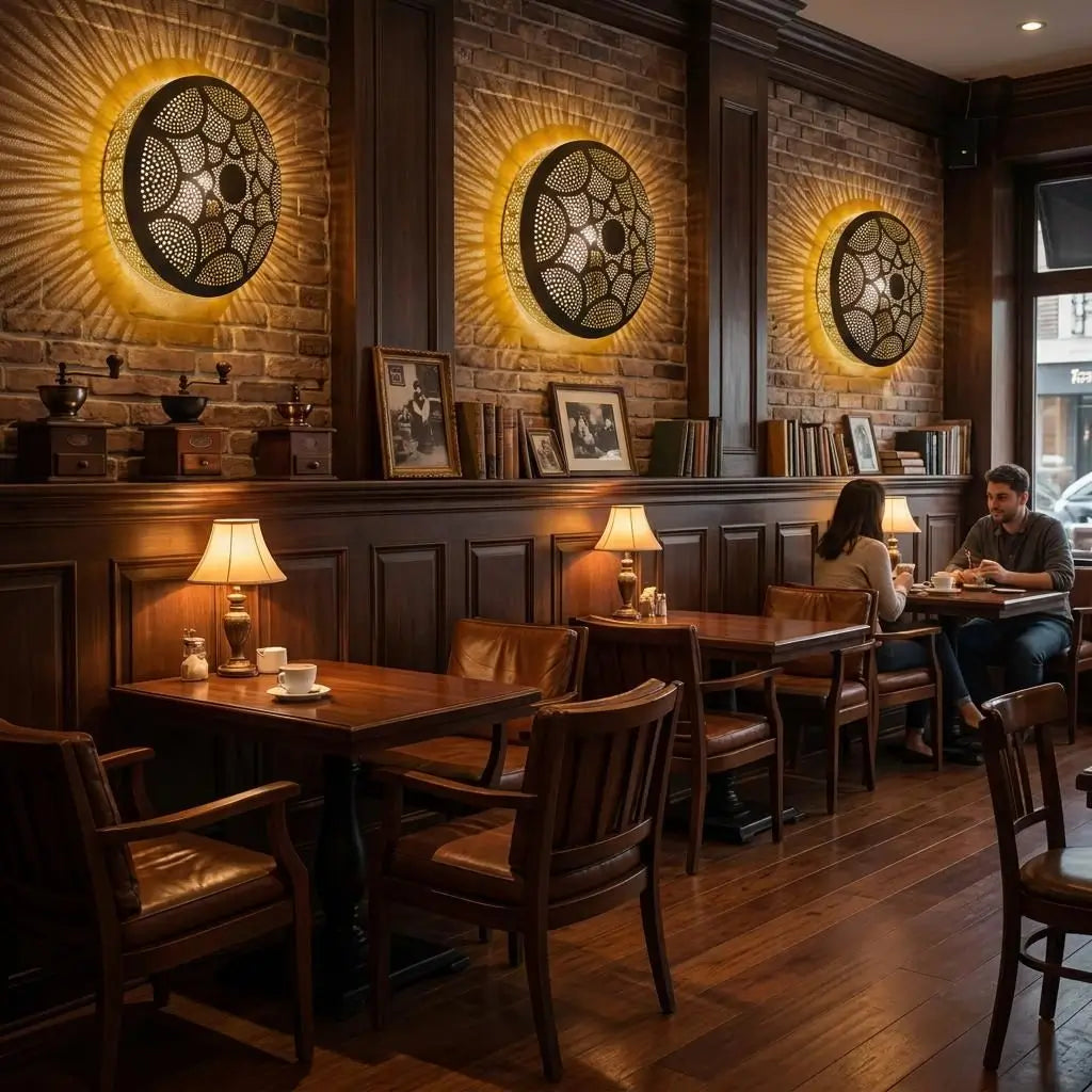 Three handmade modern brass wall sconces installed on an exposed brick and dark wood paneled wall in a vintage cafe, casting warm ambient light patterns.