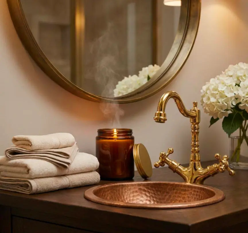 Vintage Moroccan brass vanity tap with a round mirror, folded towels, and a scented candle in a bathroom setting.