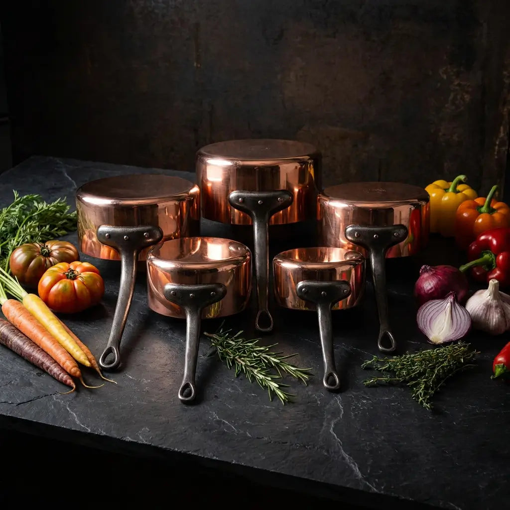 Vintage Moroccan copper cookware set featuring 5 pieces of heavy gauge hand-hammered pots with traditional tin lining, cast iron handles, and rustic kitchen food styling.
