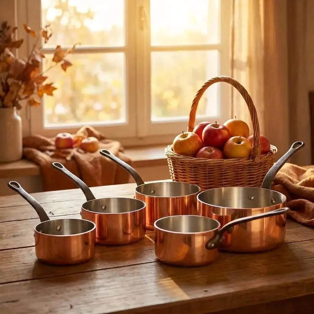 Five-piece Moroccan copper cookware set with shiny tin-lined interiors and long iron handles displayed on a rustic wooden table next to a basket of fresh apples.