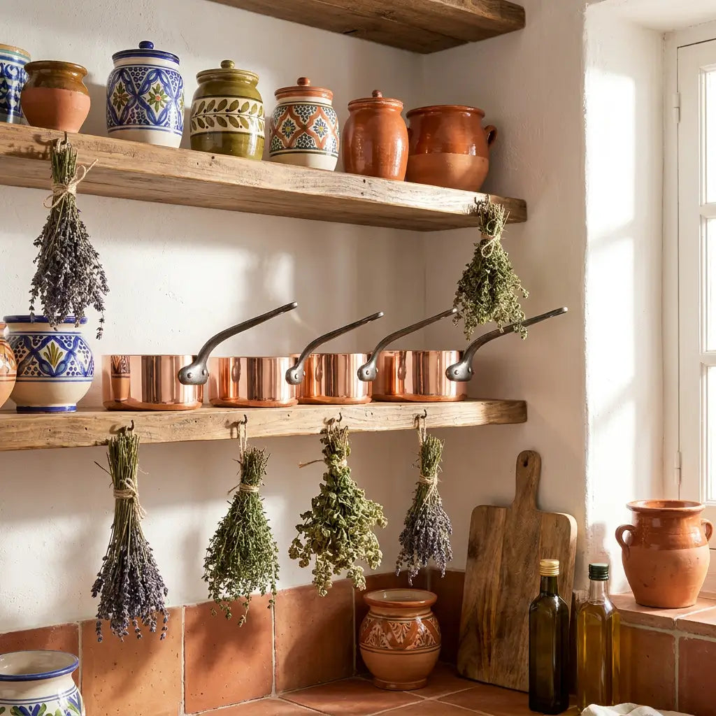 Handcrafted Moroccan copper saucepans lined up on a rustic wooden shelf in a traditional kitchen display with hanging dried herbs, ceramic pottery jars, and pure copper pots.
