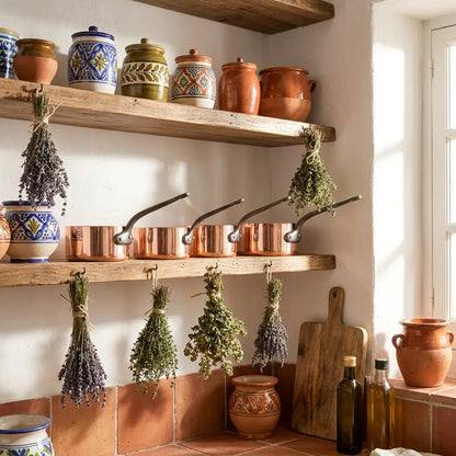 Handcrafted Moroccan copper saucepans lined up on a rustic wooden shelf in a traditional kitchen display with hanging dried herbs, ceramic pottery jars, and pure copper pots.