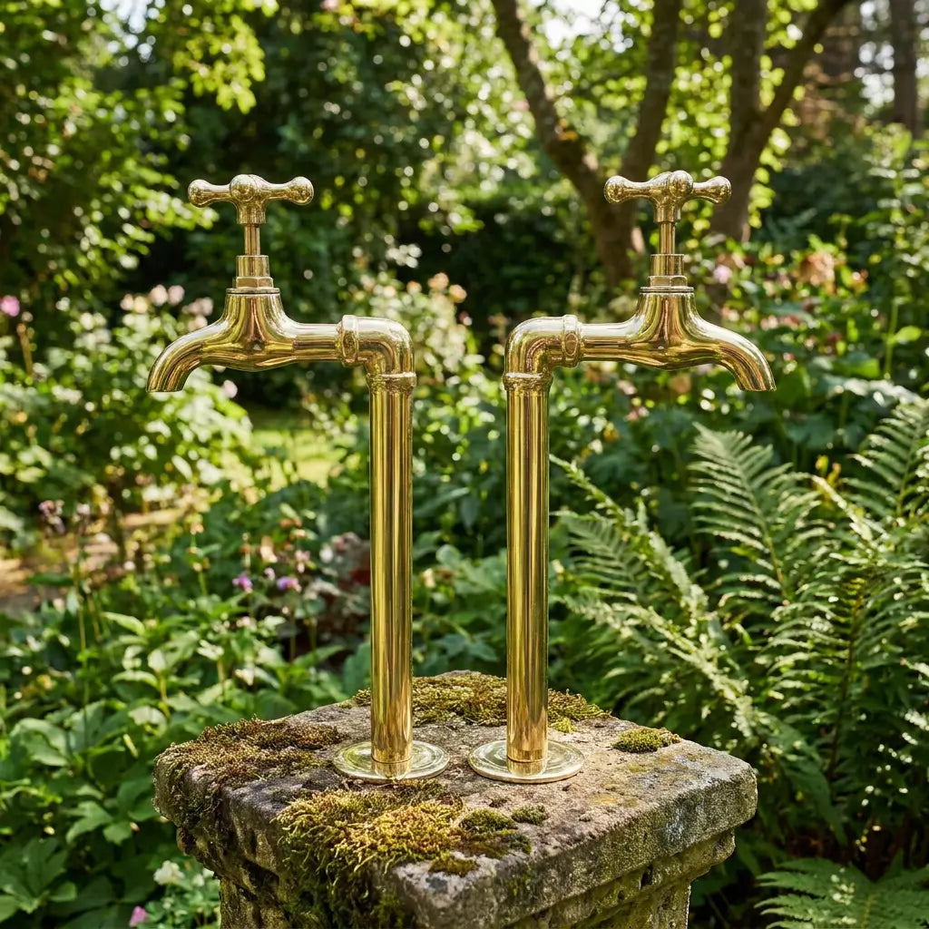 A pair of vintage unlacquered brass water faucets standing on a mossy stone pillar with a lush green garden and fern plants in the background.