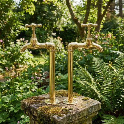 A pair of vintage unlacquered brass water faucets standing on a mossy stone pillar with a lush green garden and fern plants in the background.