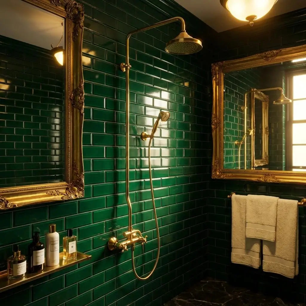 Vintage unlacquered brass shower system with a Moroccan rain head installed against a dark green subway tile wall in a rustic bathroom setup.