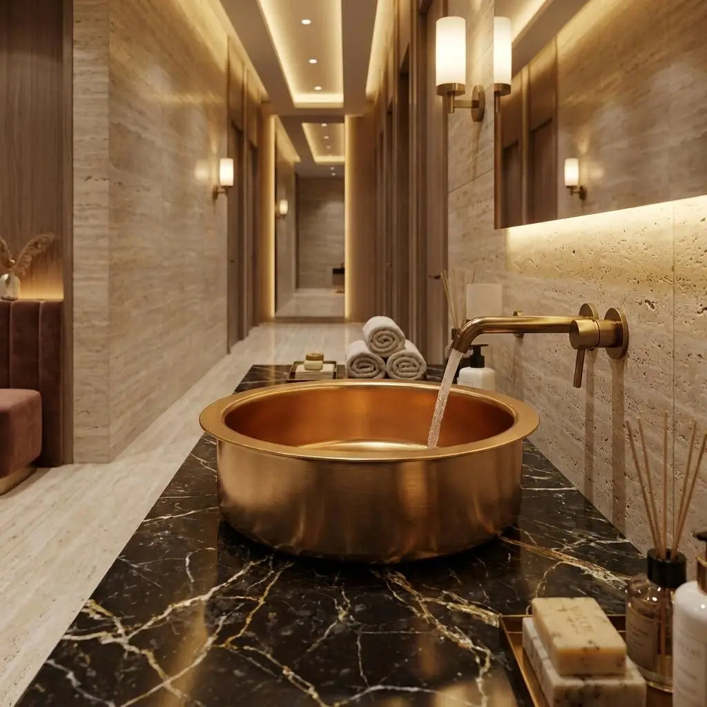 Water flowing from a wall-mounted brass faucet into a handcrafted round brass sink on a black marble countertop in a luxury hotel hallway with textured stone walls.