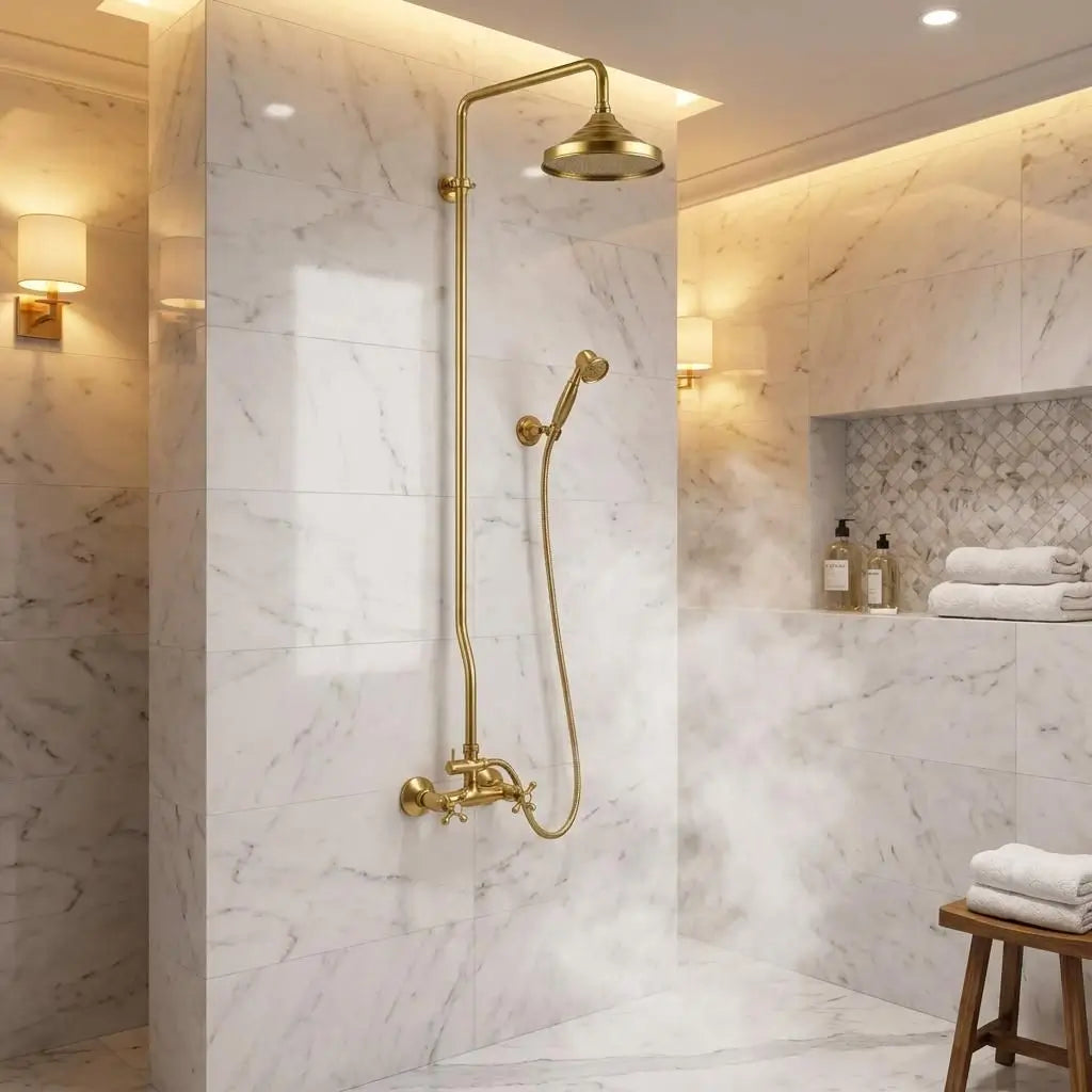 Full view of an unlacquered brass shower system with a Moroccan rain head and handheld shower combo set against luxury white marble tiles.