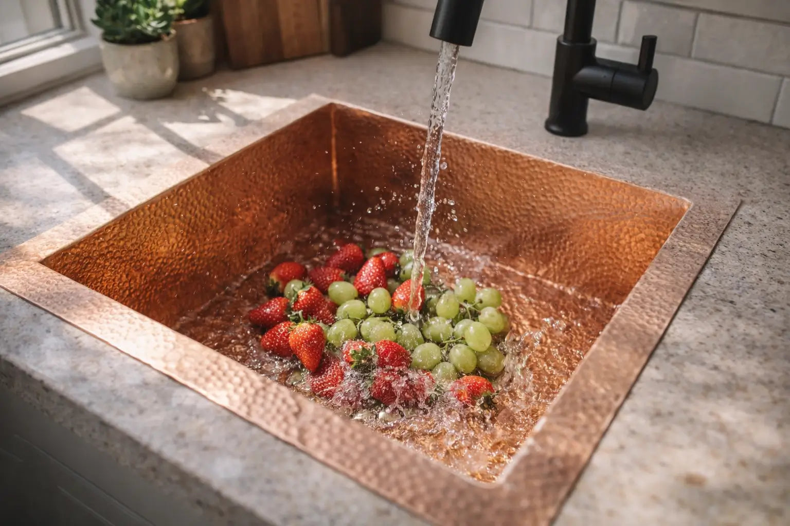 Fresh strawberries and grapes being washed under running water in a solid copper sink.