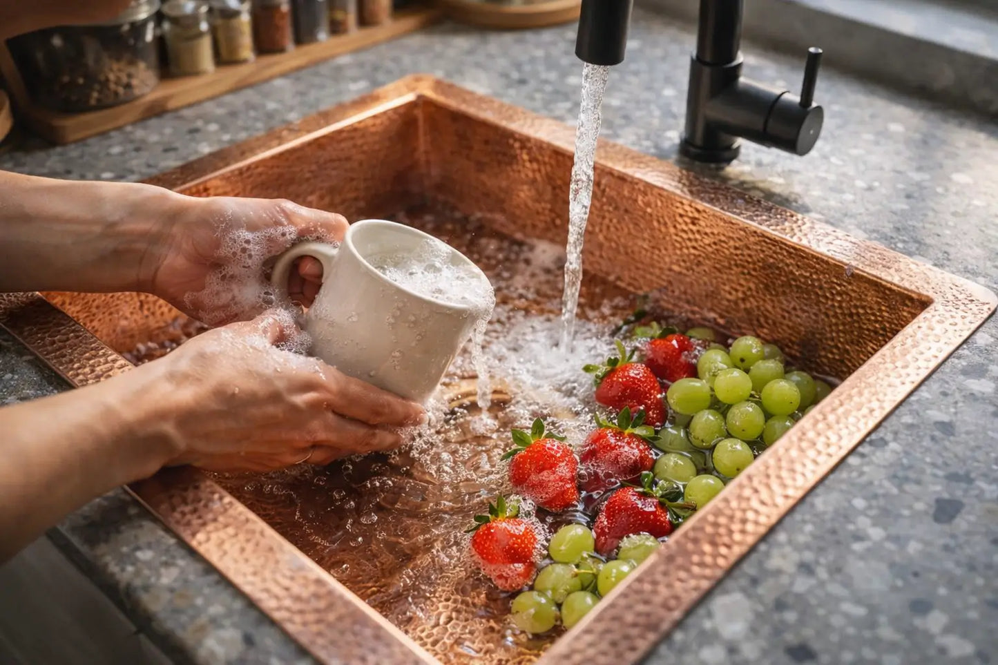 Cleaning a mug and fresh fruits simultaneously in a spacious solid copper kitchen sink.