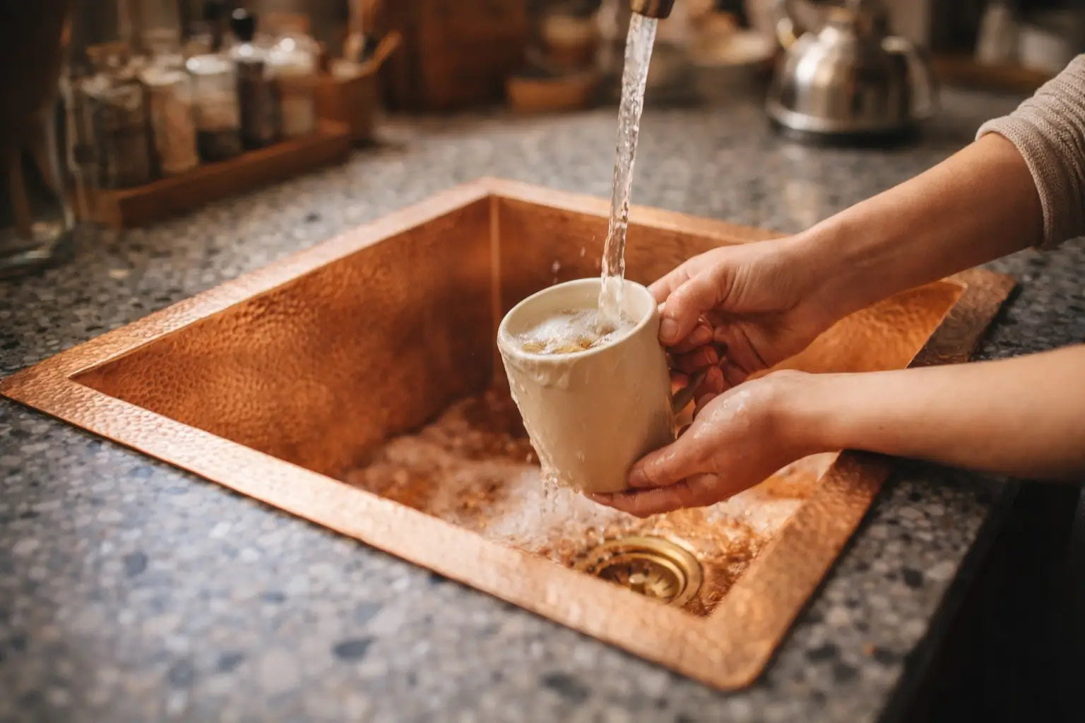 Person washing a ceramic mug inside a handcrafted solid copper kitchen sink.