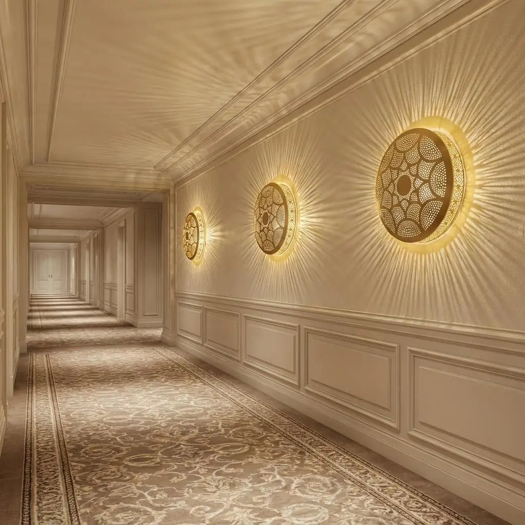 Three handmade modern brass wall sconces lining a long white classical hallway, casting bright warm geometric light patterns on the walls.