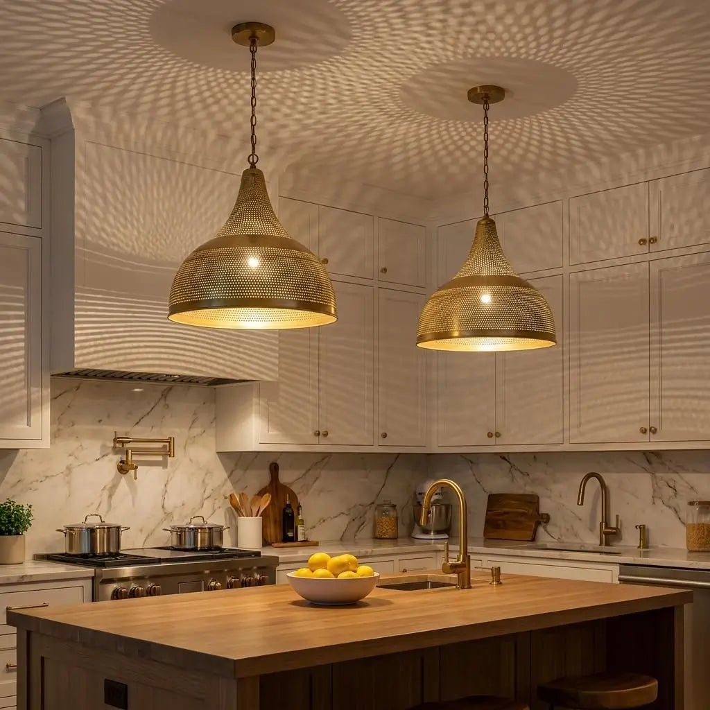Two brass dome pendant hanging lamps glowing over a wooden island counter in a bright kitchen with white shaker cabinets and a marble tile backsplash, creating ambient ceiling shadows.
