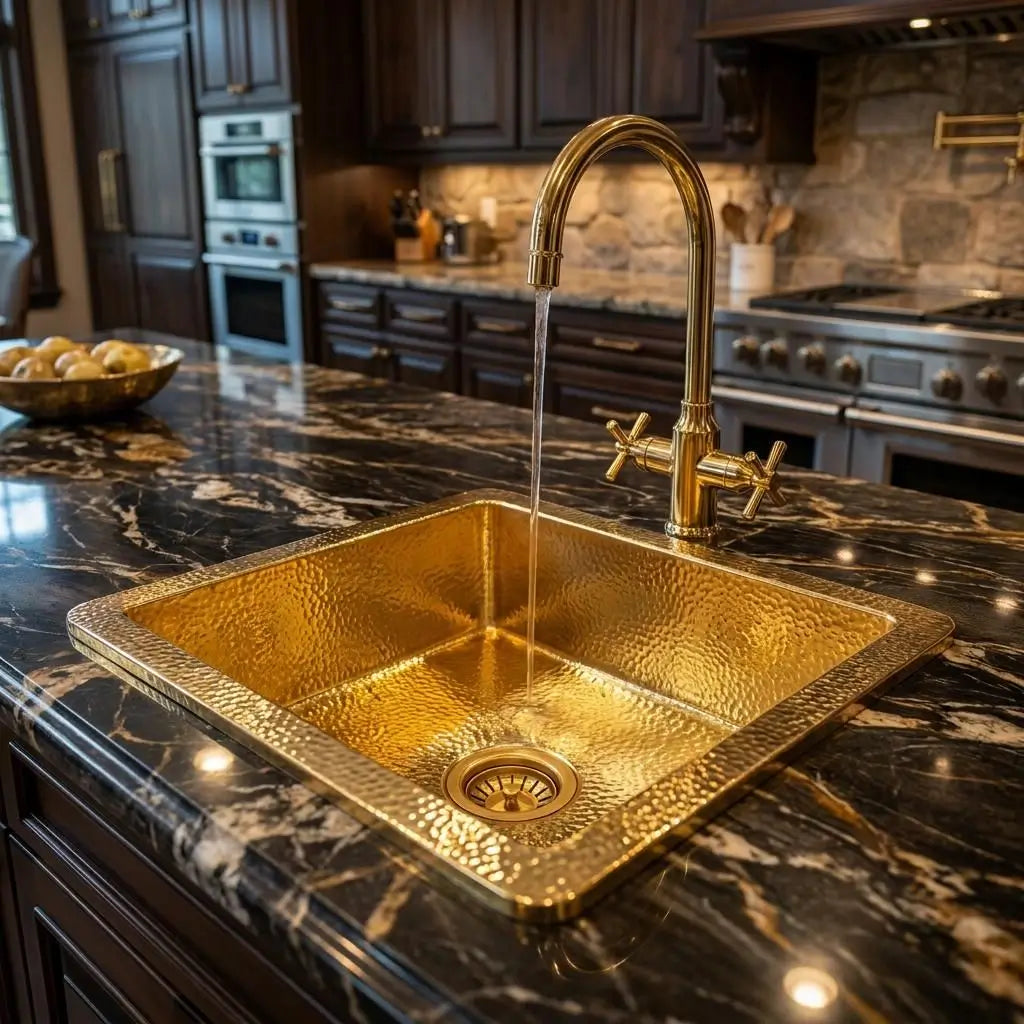 Square wide-rim hammered brass sink with a traditional cross-handle gold faucet running clear water on a dark marbled countertop.